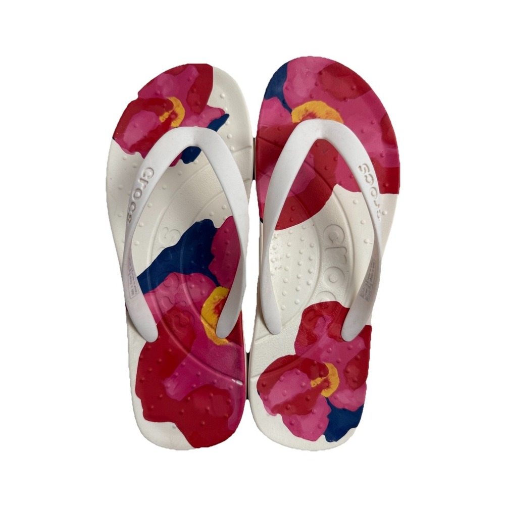 Crocs White Floral Lightweight Rubber Flip Flops Thongs Womens Sandals Size 6 - Picture 3 of 8